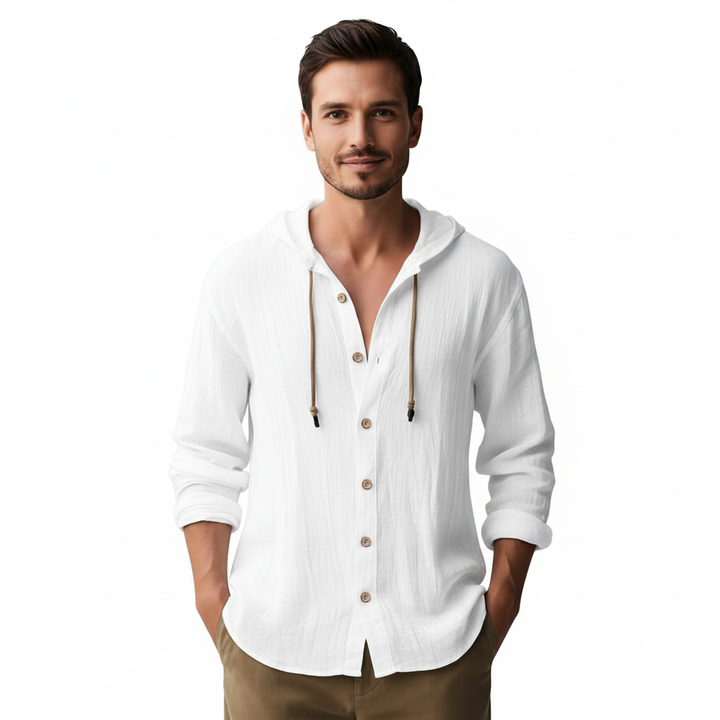 Elvaro Men's Linen Long Sleeve Hoodie Button Up | Lightweight
