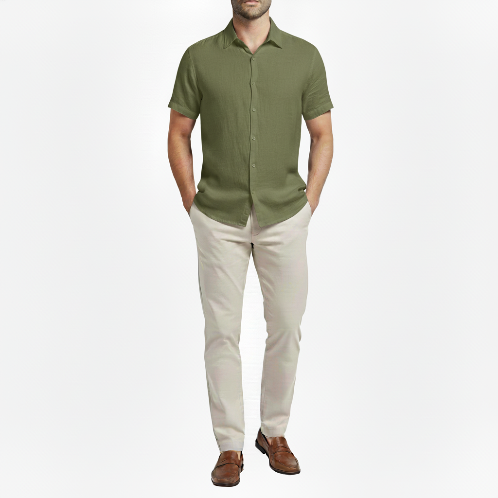 Sorvane Men's Short Sleeve Linen Turn Down Collar Shirt | Button Up