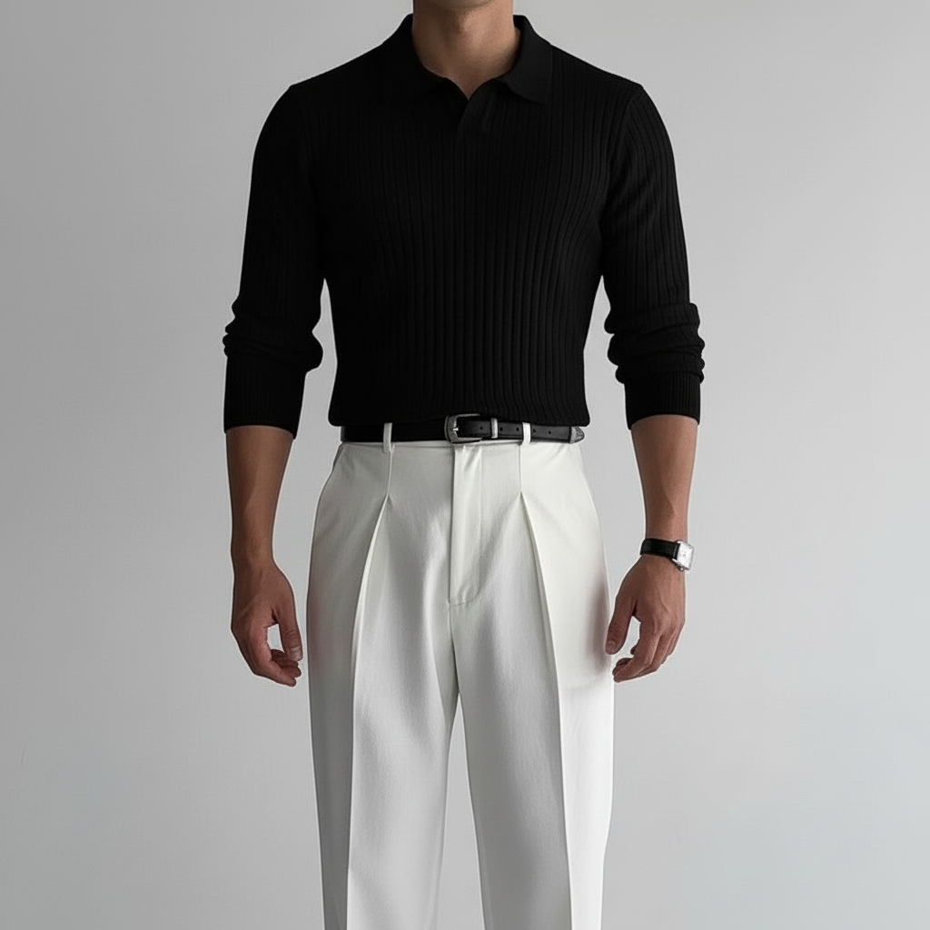 Cresvain Men's Long Sleeve Textured Johnny Collar Polo | Casual