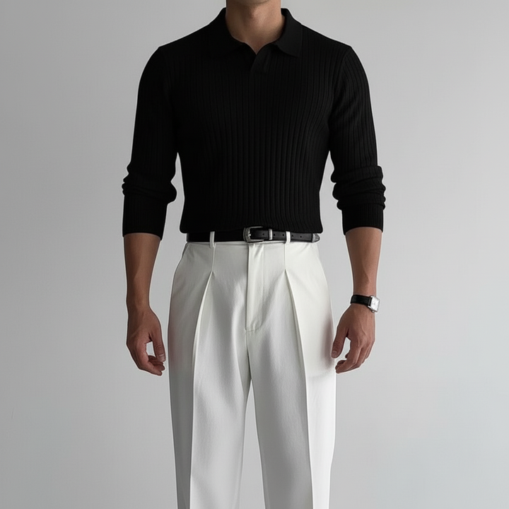Cresvain Men's Long Sleeve Textured Johnny Collar Polo | Casual