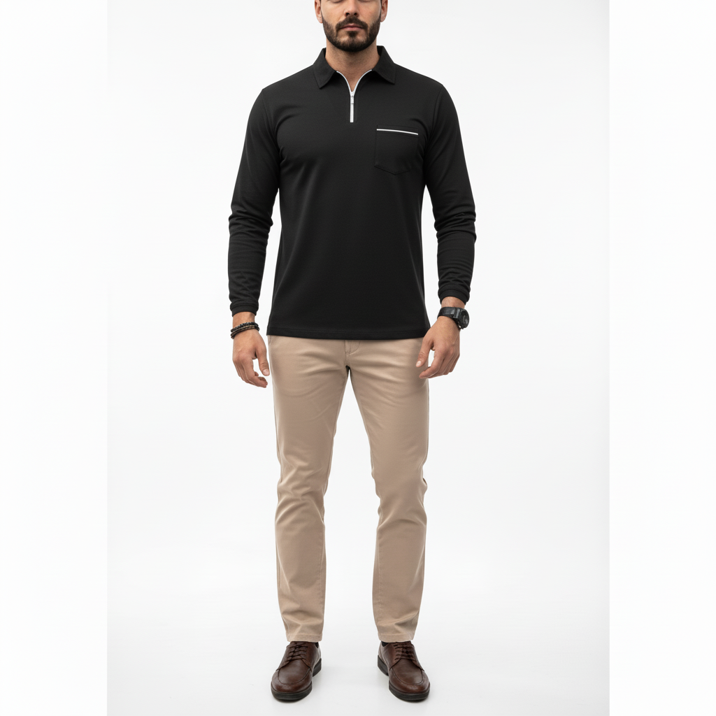 Caldren Men's Long Sleeve Zip Up Polo Shirt | Casual