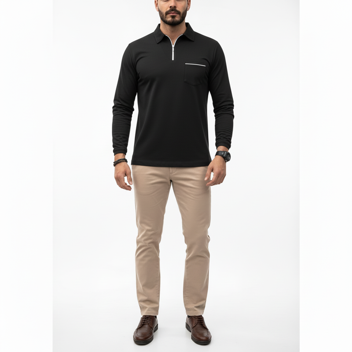 Caldren Men's Long Sleeve Zip Up Polo Shirt | Casual