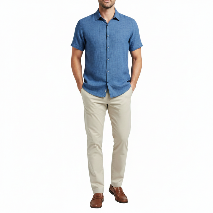 Sorvane Men's Short Sleeve Linen Turn Down Collar Shirt | Button Up
