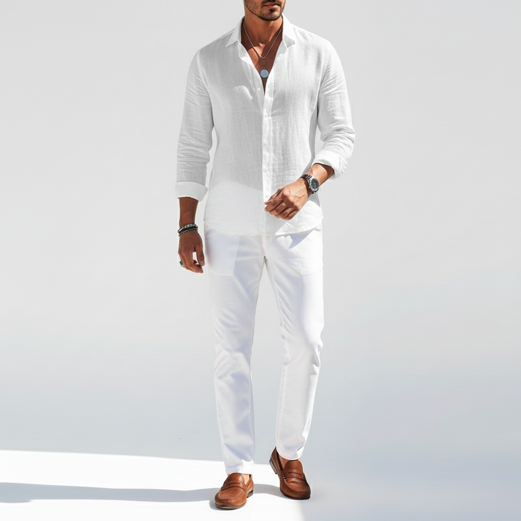 Sorvane Men's Classic Linen Long Sleeve Button Up Shirt | Breathable