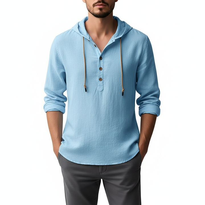 Elvaro Men's Linen Long Sleeve Hoodie Button Up | Lightweight