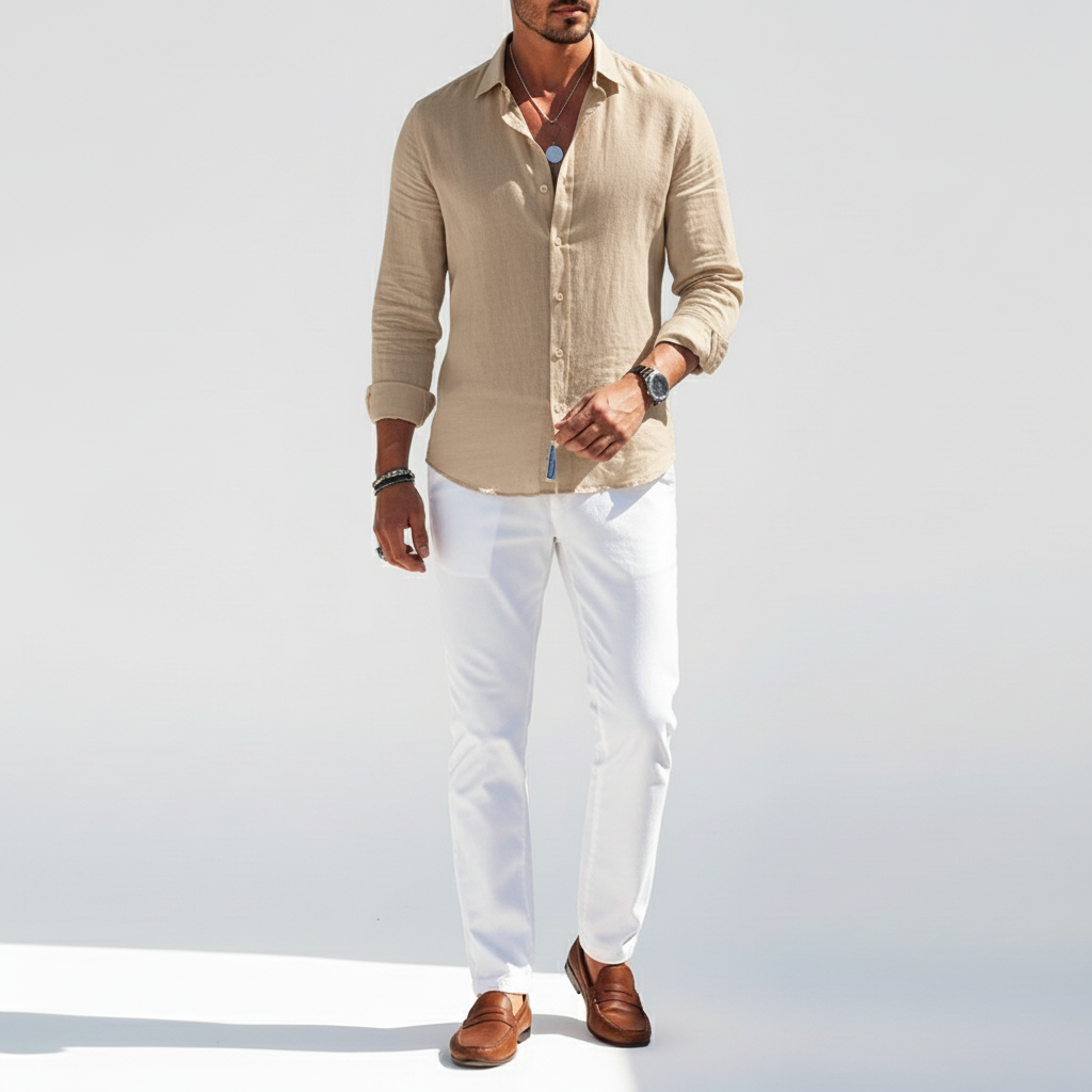 Sorvane Men's Classic Linen Long Sleeve Button Up Shirt | Breathable