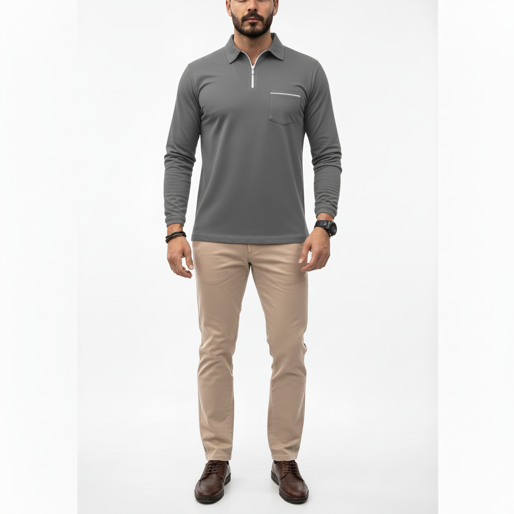 Caldren Men's Long Sleeve Zip Up Polo Shirt | Casual