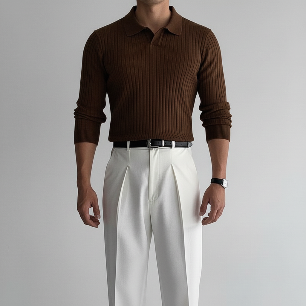 Cresvain Men's Long Sleeve Textured Johnny Collar Polo | Casual