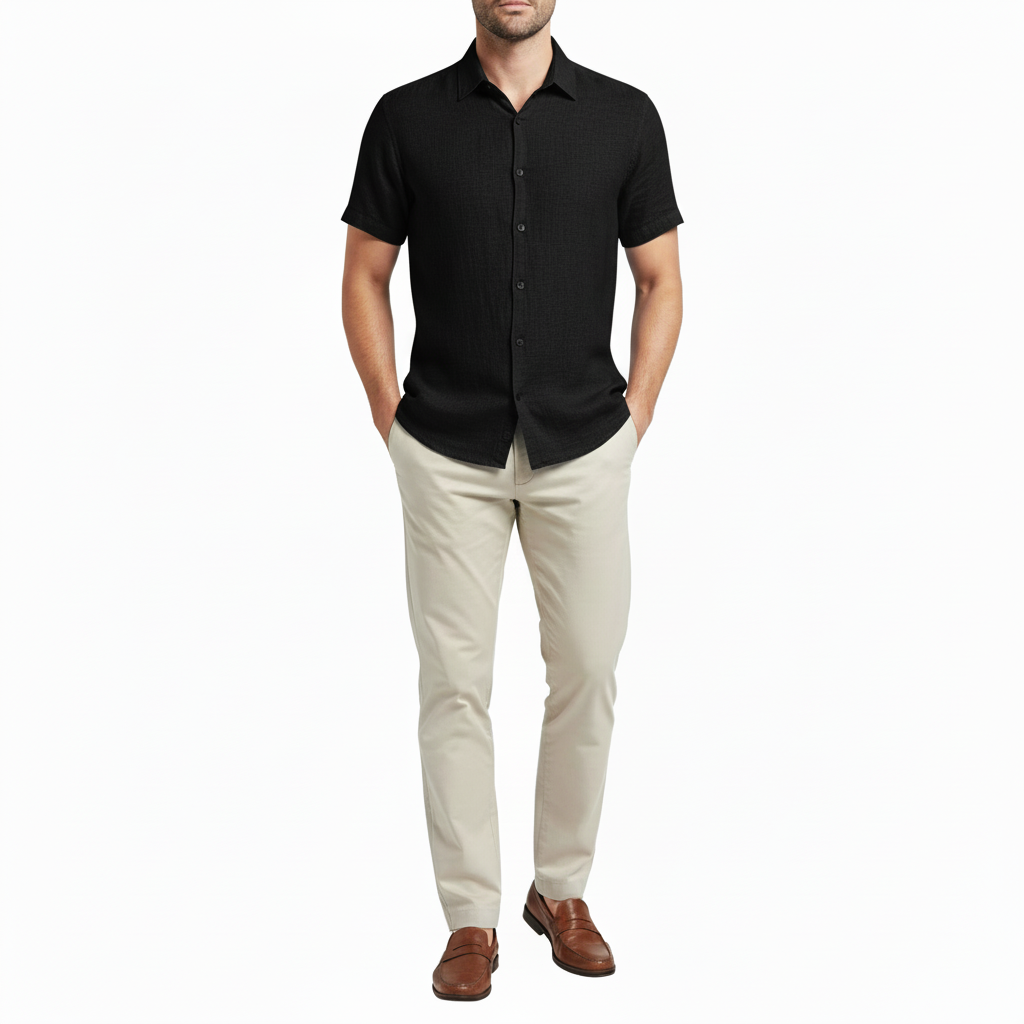 Sorvane Men's Short Sleeve Linen Turn Down Collar Shirt | Button Up