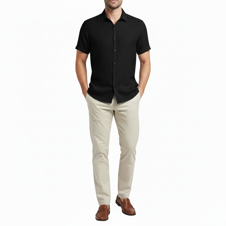 Sorvane Men's Short Sleeve Linen Turn Down Collar Shirt | Button Up