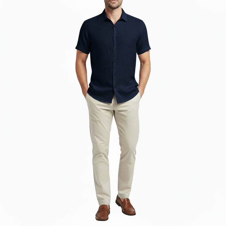 Sorvane Men's Short Sleeve Linen Turn Down Collar Shirt | Button Up
