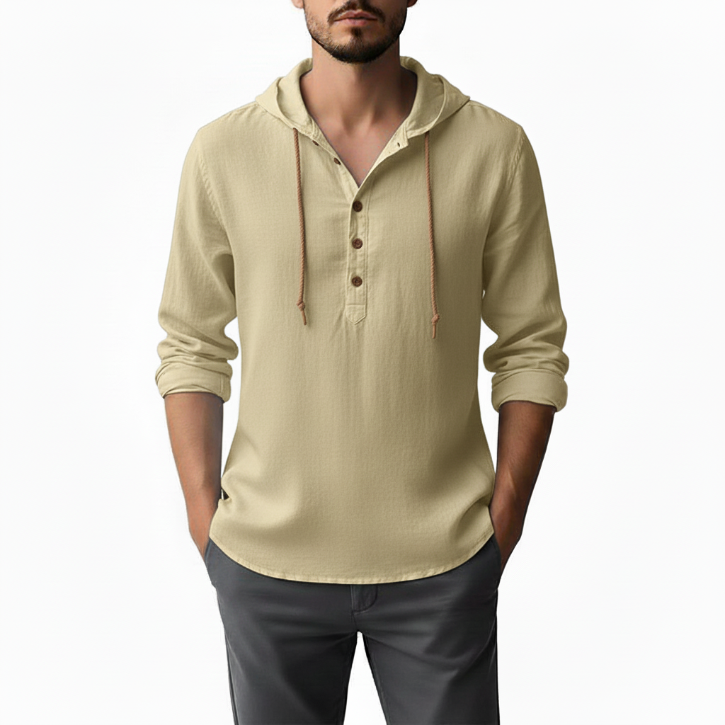 Elvaro Men's Linen Long Sleeve Hoodie Button Up | Lightweight