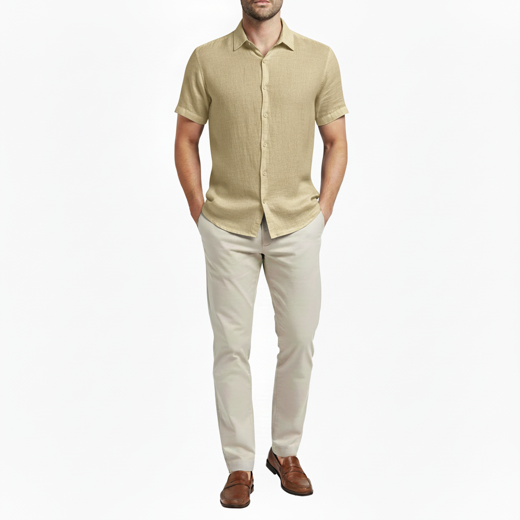 Sorvane Men's Short Sleeve Linen Turn Down Collar Shirt | Button Up