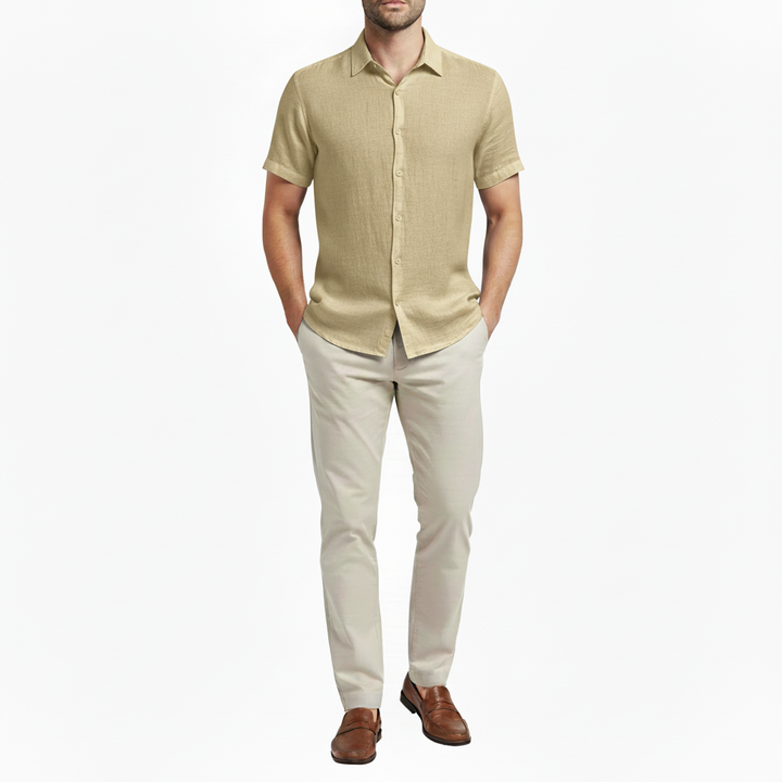 Sorvane Men's Short Sleeve Linen Turn Down Collar Shirt | Button Up