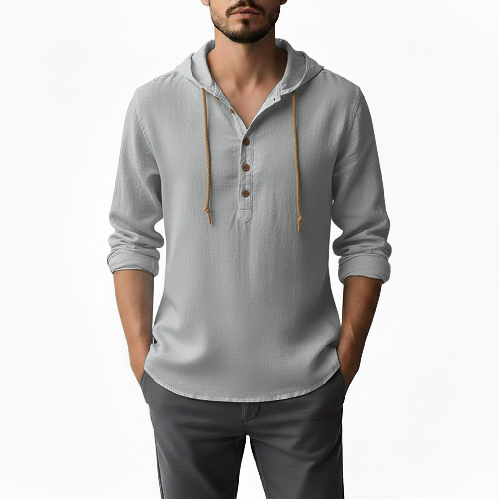 Elvaro Men's Linen Long Sleeve Hoodie Button Up | Lightweight