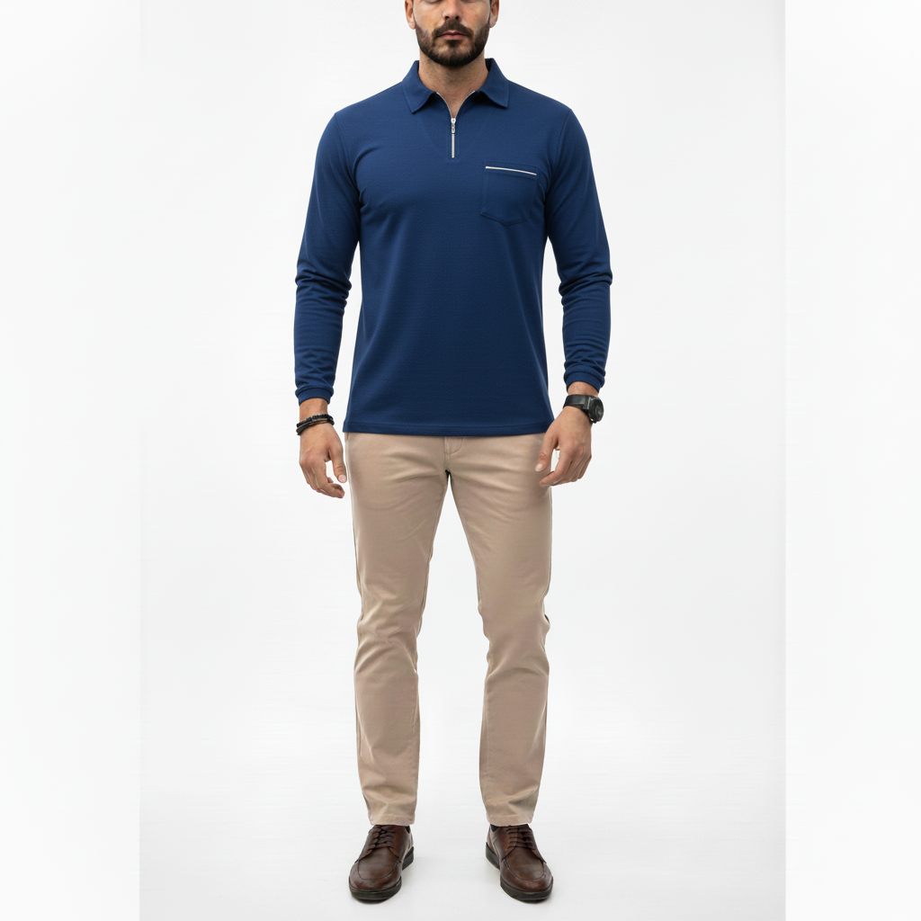 Caldren Men's Long Sleeve Zip Up Polo Shirt | Casual