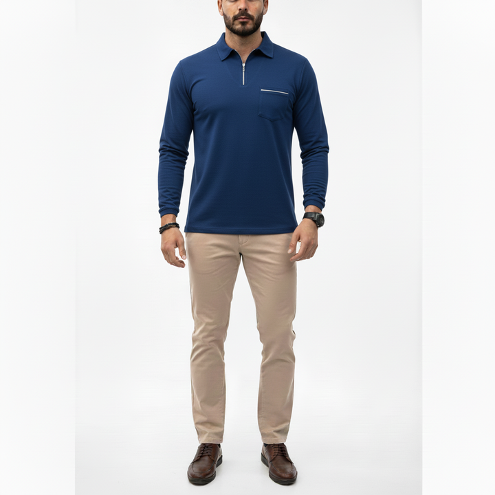 Caldren Men's Long Sleeve Zip Up Polo Shirt | Casual
