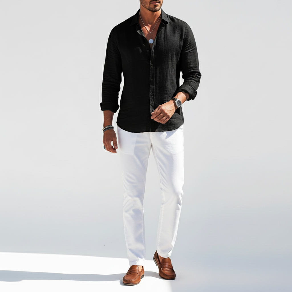 Sorvane Men's Classic Linen Long Sleeve Button Up Shirt | Breathable