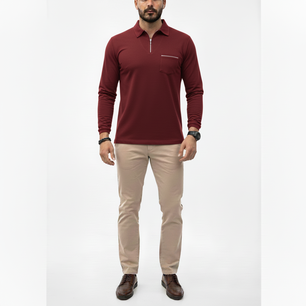 Caldren Men's Long Sleeve Zip Up Polo Shirt | Casual