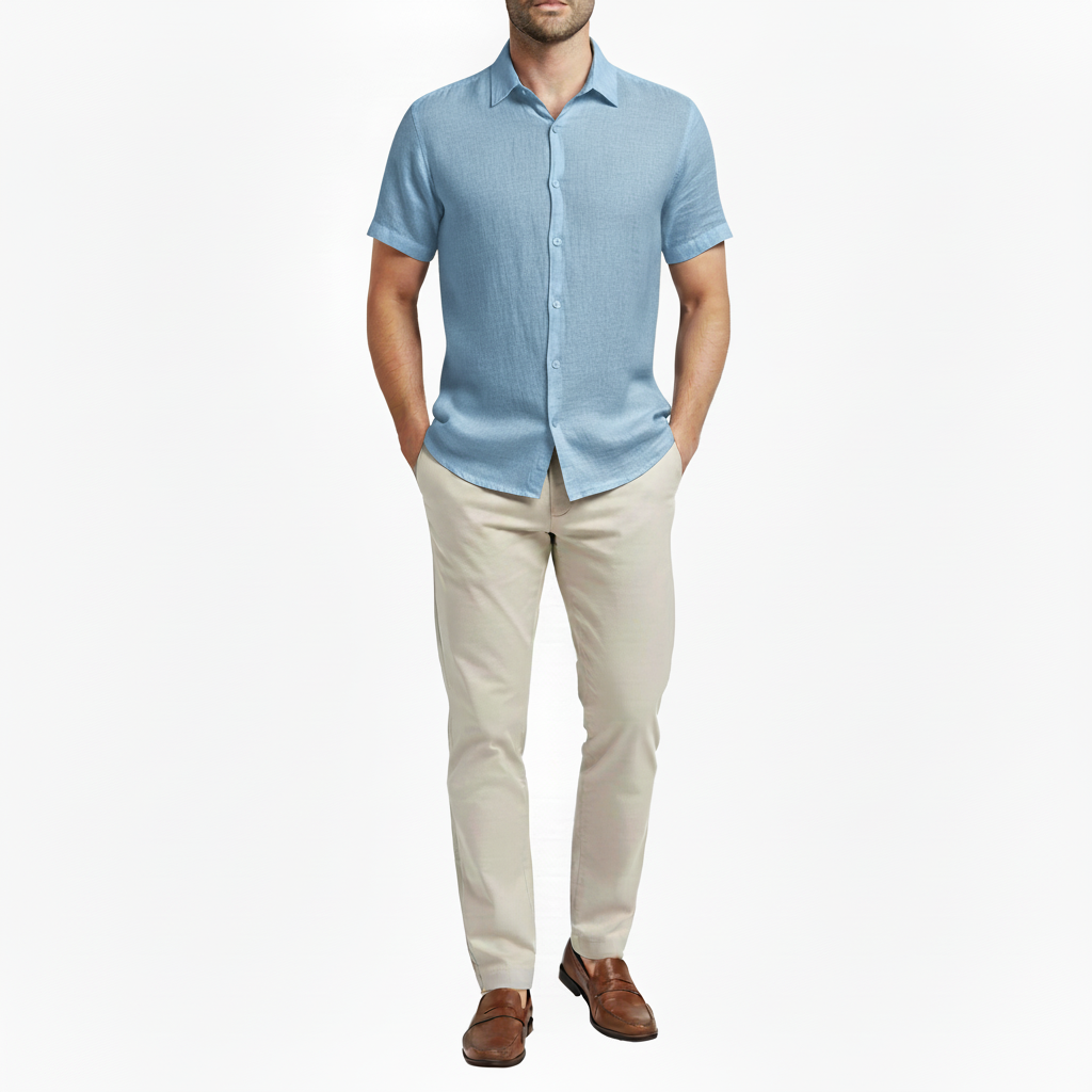 Sorvane Men's Short Sleeve Linen Turn Down Collar Shirt | Button Up