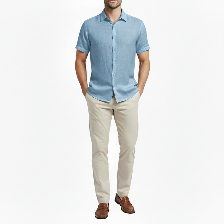 Sorvane Men's Short Sleeve Linen Turn Down Collar Shirt | Button Up