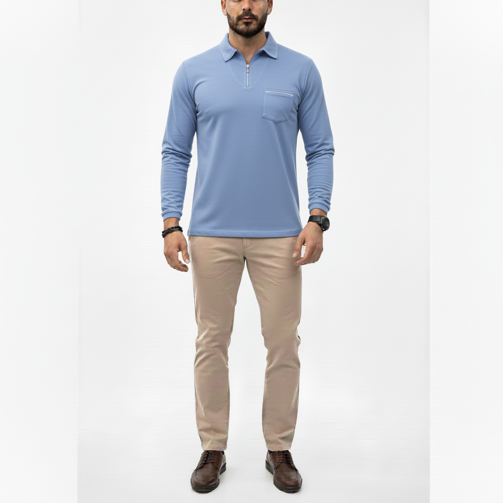 Caldren Men's Long Sleeve Zip Up Polo Shirt | Casual