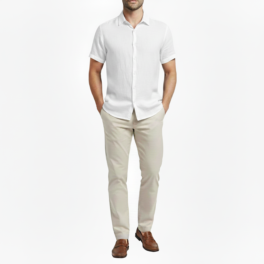 Sorvane Men's Short Sleeve Linen Turn Down Collar Shirt | Button Up