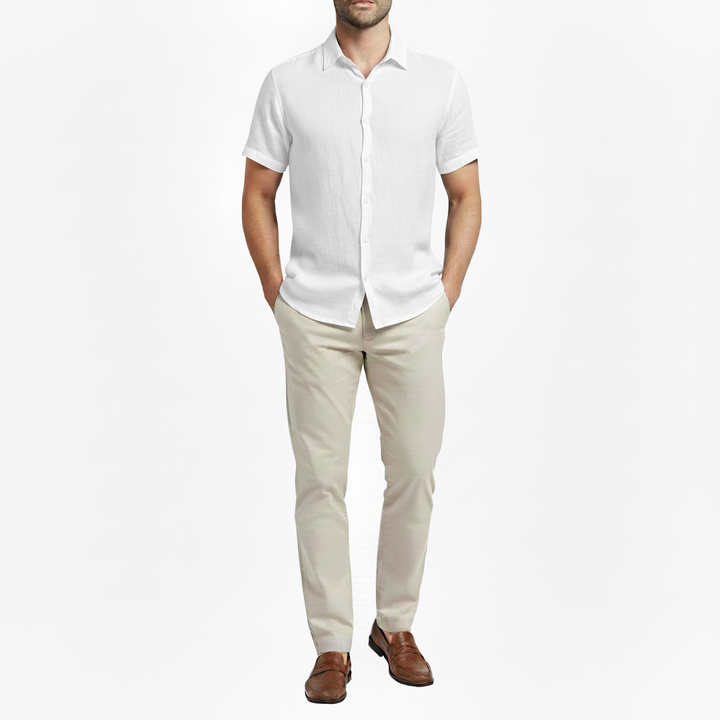 Sorvane Men's Short Sleeve Linen Turn Down Collar Shirt | Button Up