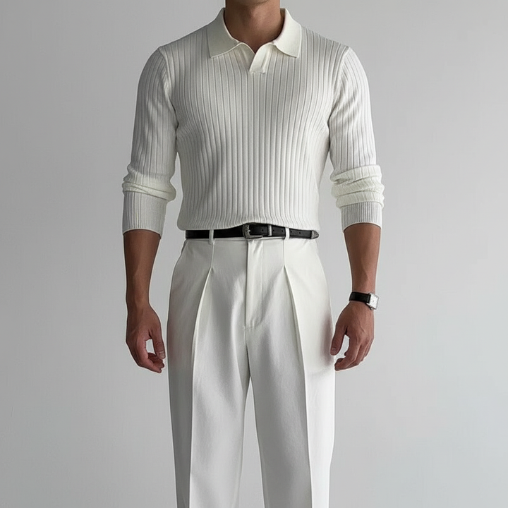 Cresvain Men's Long Sleeve Textured Johnny Collar Polo | Casual