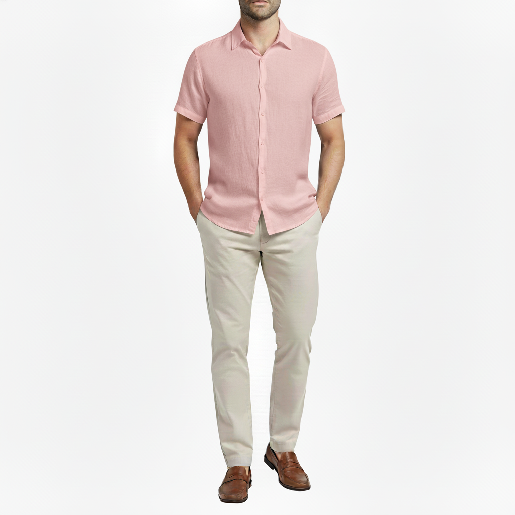 Sorvane Men's Short Sleeve Linen Turn Down Collar Shirt | Button Up