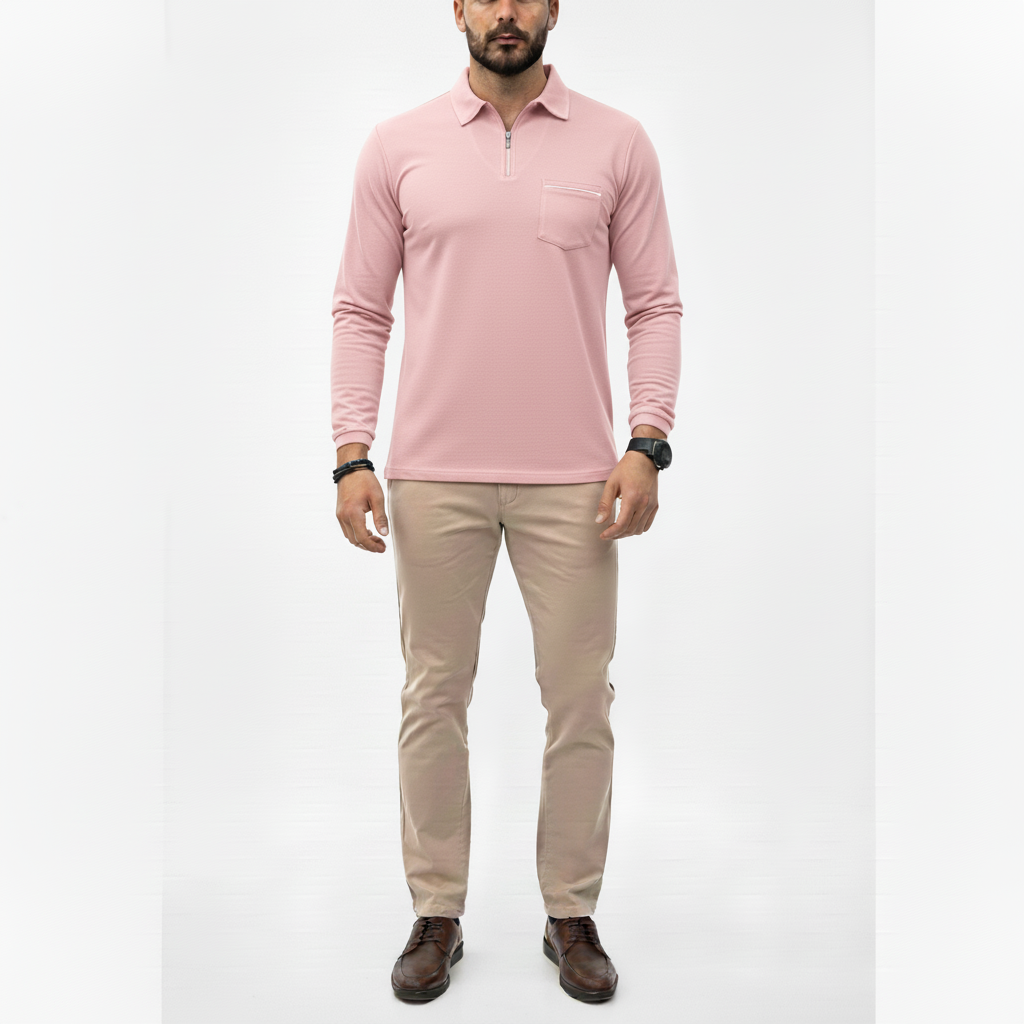 Caldren Men's Long Sleeve Zip Up Polo Shirt | Casual