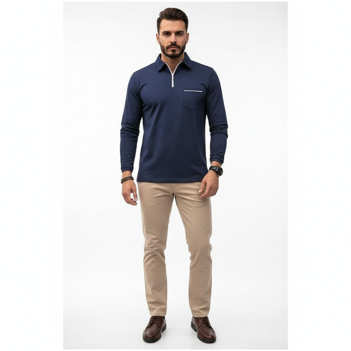 Caldren Men's Long Sleeve Zip Up Polo Shirt | Casual