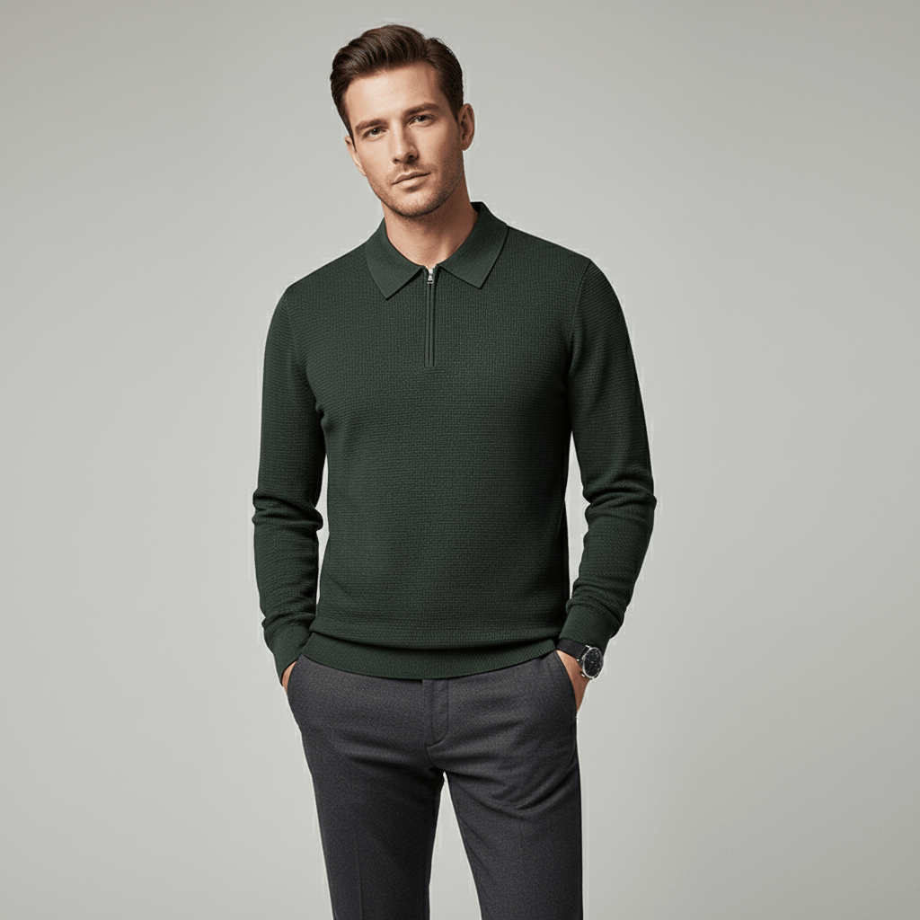 Valmor Men's Knit Polo Shirt Long Sleeve Quarter Zip