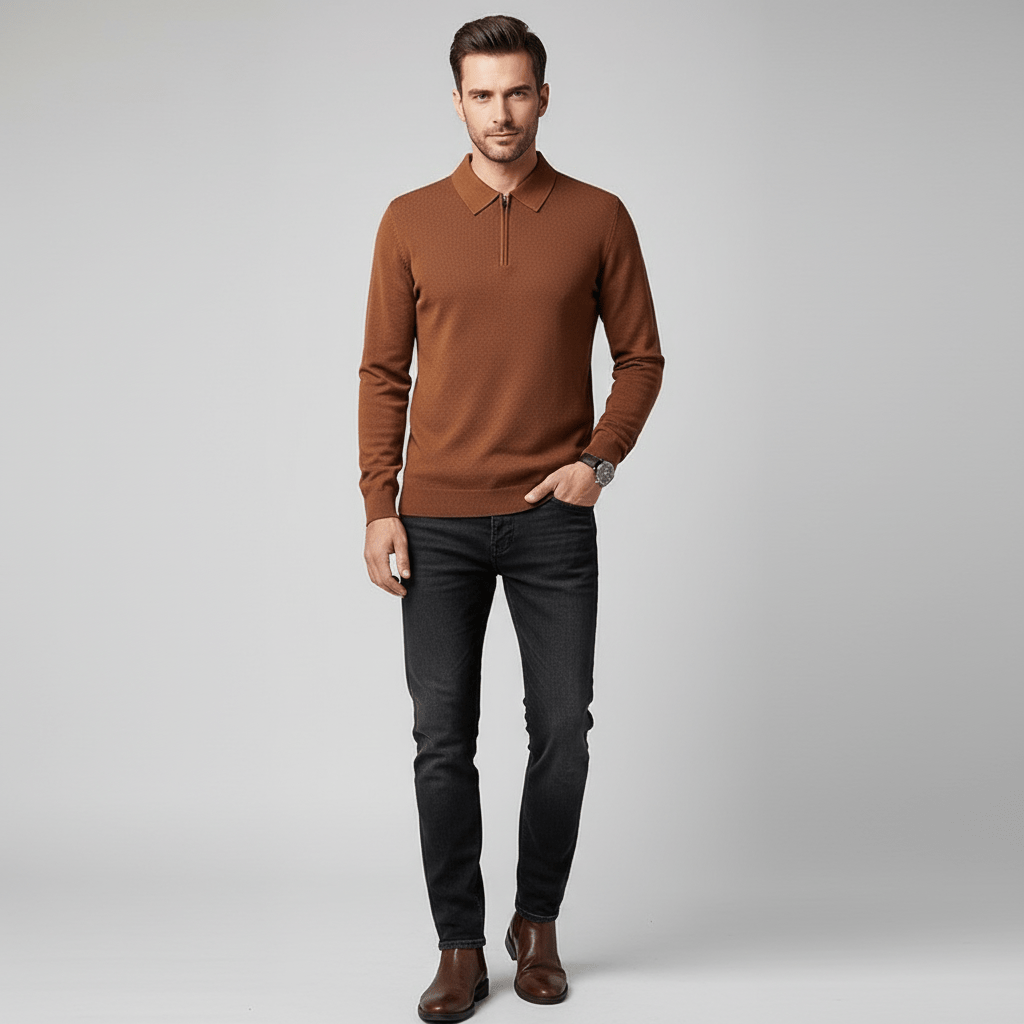 Valmor Men's Knit Polo Shirt Long Sleeve Quarter Zip