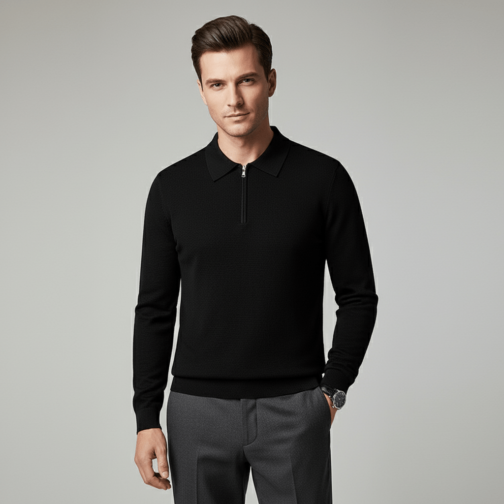 Valmor Men's Knit Polo Shirt Long Sleeve Quarter Zip